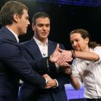Albert Rivera, Pedro Sánchez y Pablo Iglesias, en el debate de 'El País' en 2015.